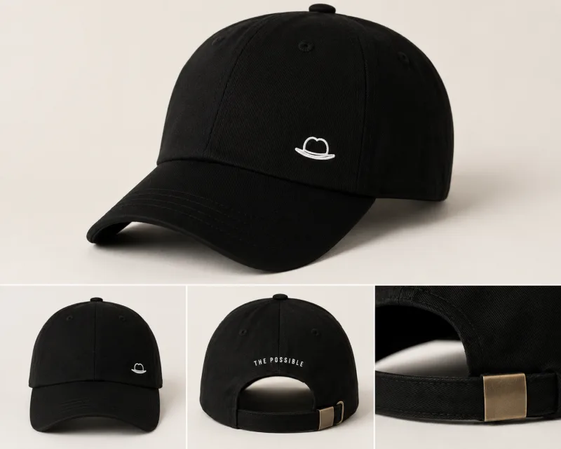 The Possible black dad cap — the white fedora embroidered on the front, ‘THE POSSIBLE’ on the back.