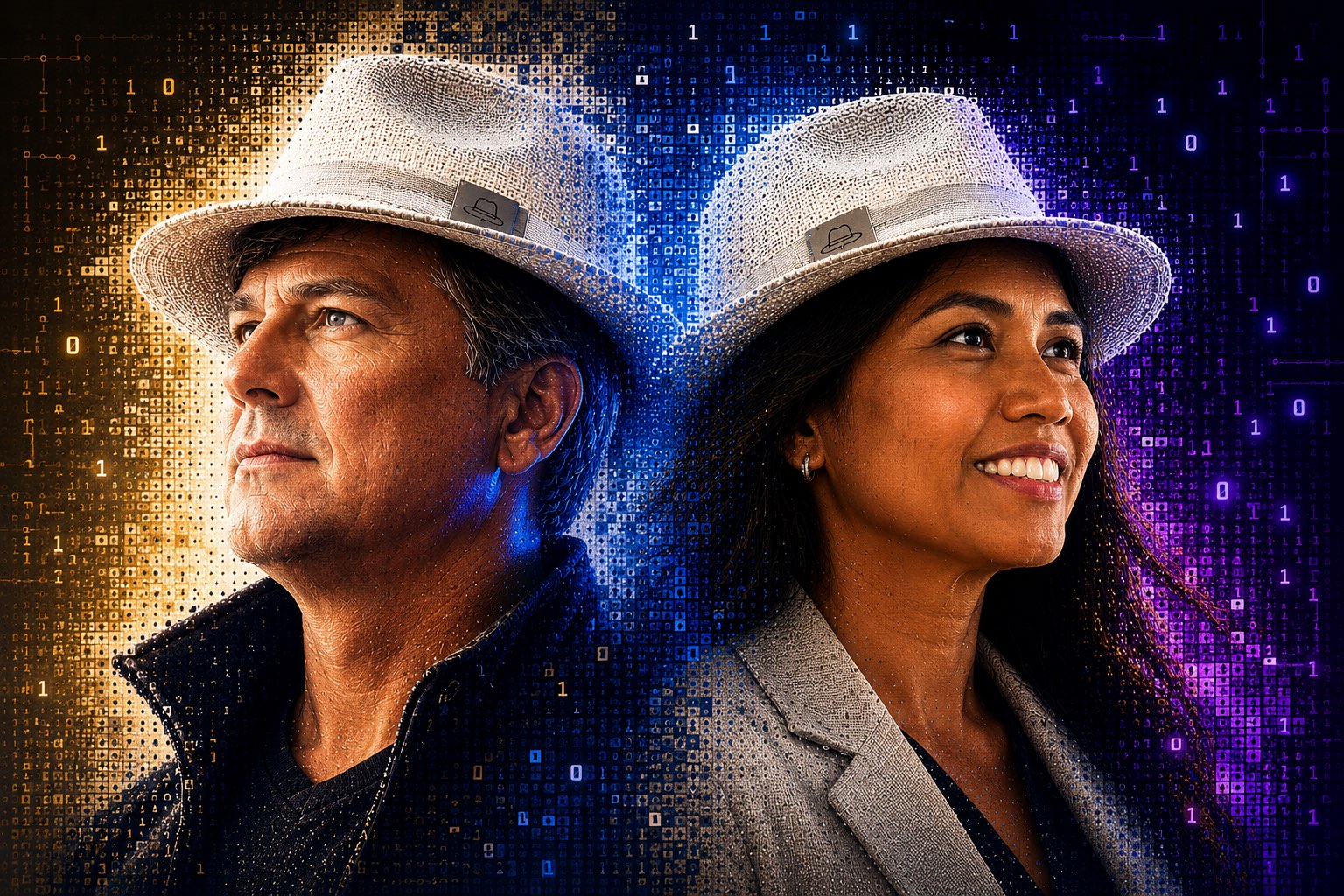 Justin James and Veronica James — the founders of The Possible, in white hats against a field of binary.