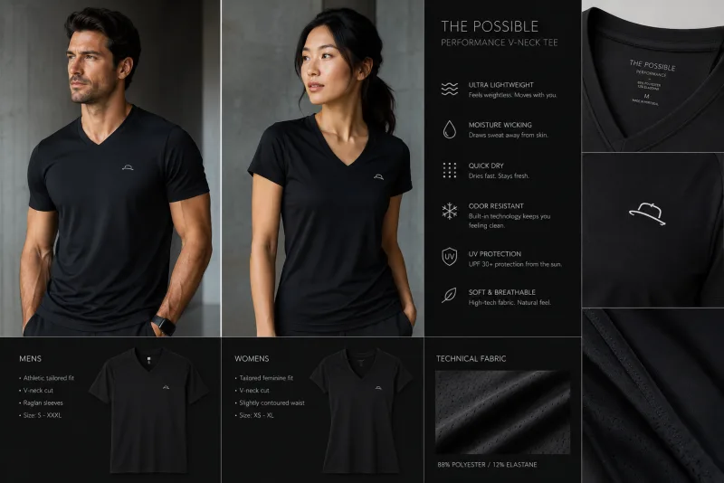The Possible performance V-neck tee in black, with the fedora mark and ‘THE POSSIBLE’.